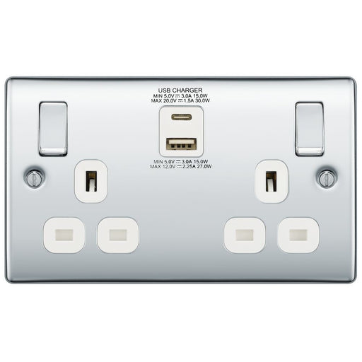 BG Nexus Metal Polished Chrome 13A Double USB Socket NPC22UAC45W Available from RS Electrical Supplies