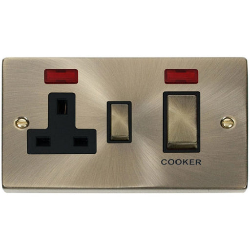 Click Deco Antique Brass 45A Cooker Switch with 13A Socket VPAB505BK Available from RS Electrical Supplies