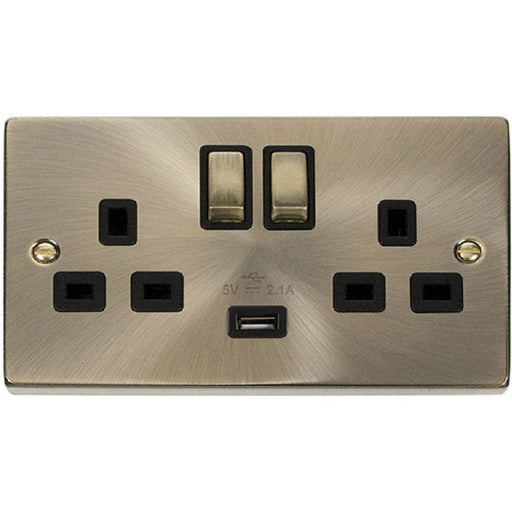 Click Deco Antique Brass 13A Double USB Socket VPAB570BK Available from RS Electrical Supplies