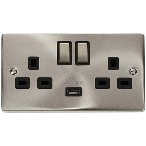 Click Deco Satin Chrome 13A Double Socket USB VPSC570BK Available from RS Electrical Supplies