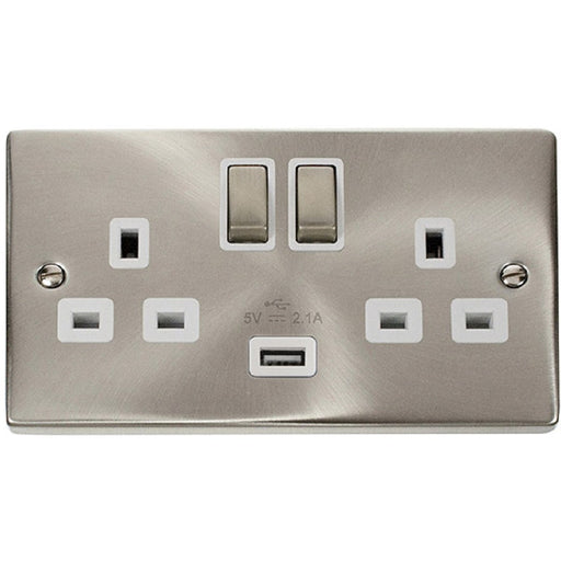 Click Deco Satin Chrome 13A Double Socket USB VPSC570WH Available from RS Electrical Supplies