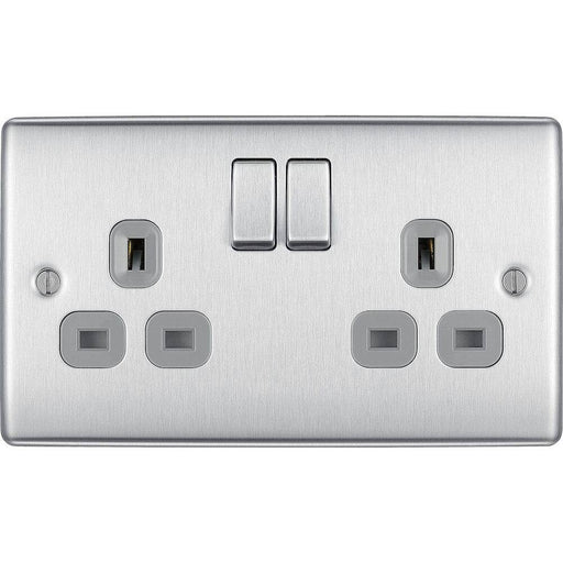 BG Nexus Metal Brushed Steel 13A Double Socket NBS22G Available from RS Electrical Supplies