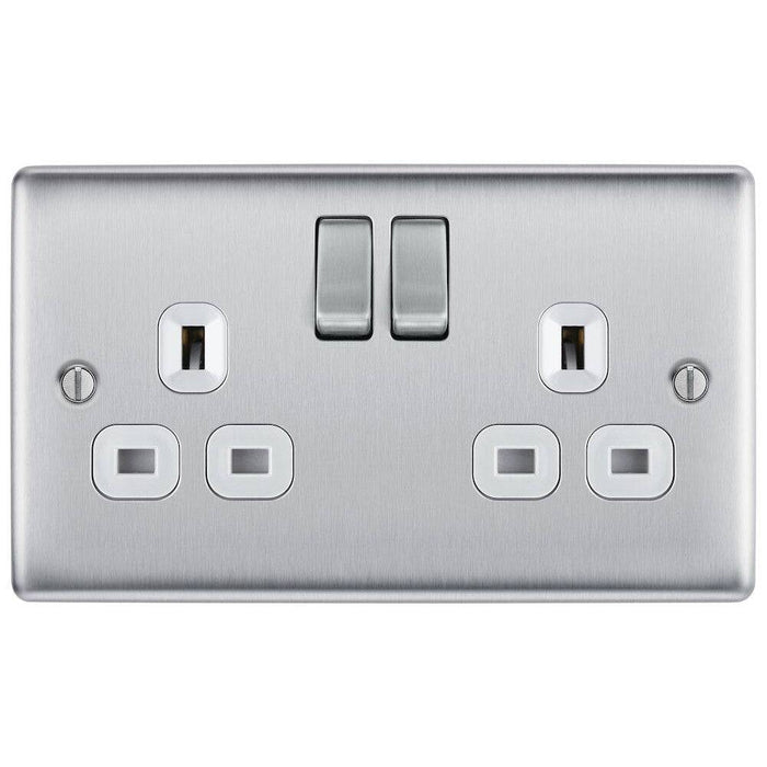 BG Nexus Metal Brushed Steel 13A Double Socket NBS22W Available from RS Electrical Supplies