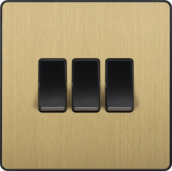 BG Evolve Satin Brass 3G 2W Light Switch PCDSB43B Available from RS Electrical Supplies