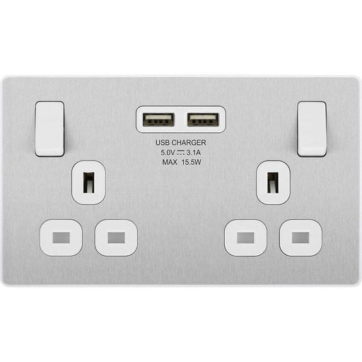 BG Evolve Brushed Steel 13A Double USB Socket PCDBS22U3W Available from RS Electrical Supplies