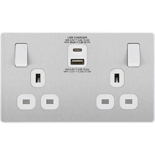BG Evolve Brushed Steel 13A Double USB Socket with A+C Ports PCDBS22UAC30W Available from RS Electrical Supplies