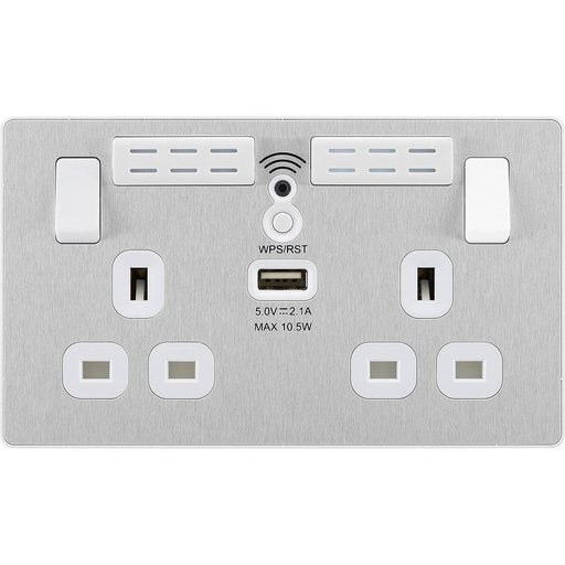 BG Evolve Brushed Steel WiFi Extender with 13A double USB Socket PCDBS22UWRW Available from RS Electrical Supplies