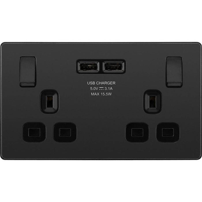 BG Evolve Matt Black 13A Double USB Socket PCDMB22U3B Available from RS Electrical Supplies