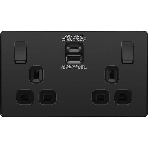 BG Evolve Matt Black 13A Double USB Socket with A+C Ports PCDMB22UAC30B Available from RS Electrical Supplies