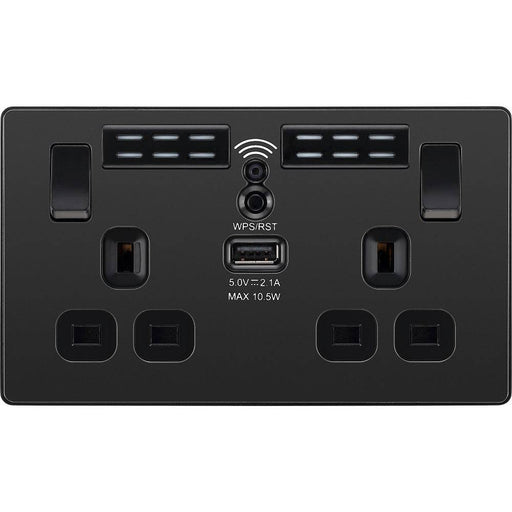 BG Evolve Matt Black WiFi Extender with 13A double USB Socket PCDMB22UWRB Available from RS Electrical Supplies