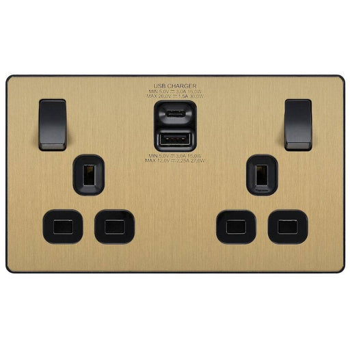 BG Evolve Satin Brass 13A Double USB Socket with A+C Ports PCDSB22UAC30B Available from RS Electrical Supplies