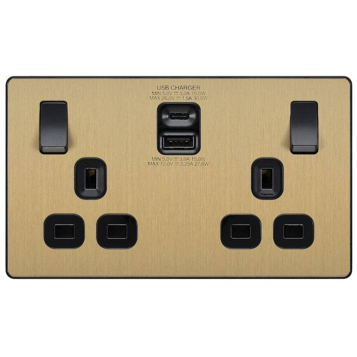 BG Evolve Satin Brass 13A Double USB Socket with A+C Ports PCDSB22UAC30B Available from RS Electrical Supplies