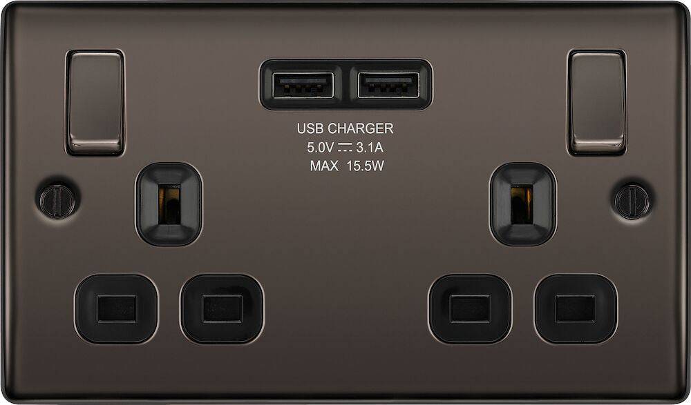 BG Nexus Metal Black Nickel 13A Double USB Socket NBN22U3B Available from RS Electrical Supplies