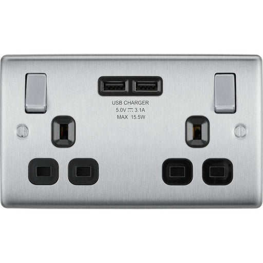 BG Nexus Metal Brushed Steel 13A Double USB Socket NBS22U3B Available from RS Electrical Supplies