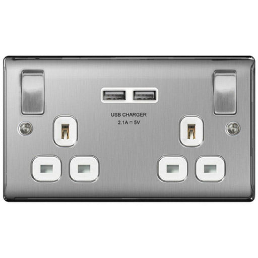BG Nexus Metal Brushed Steel 13A Double USB Socket NBS22U3W Available from RS Electrical Supplies