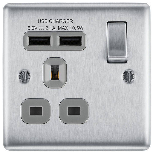 BG Nexus Metal Brushed Steel 13A Single USB Socket NBS21U2G Available from RS Electrical Supplies