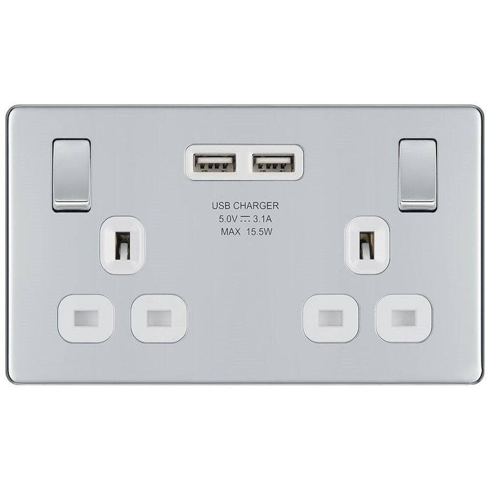 BG Nexus Screwless Polished Chrome 13A Double USB Socket FPC22U3W Available from RS Electrical Supplies