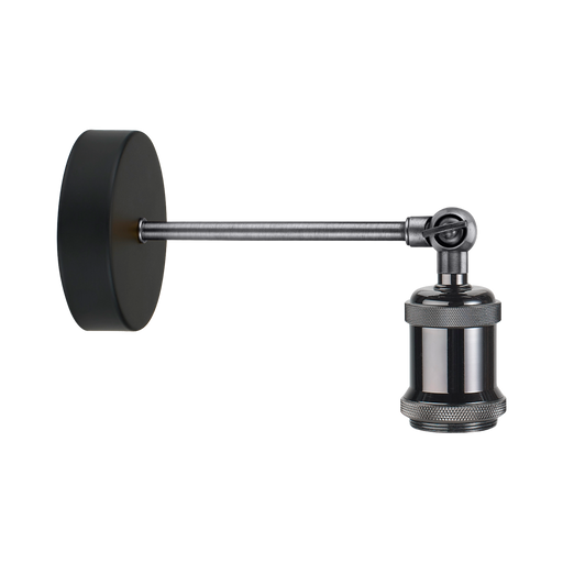 A modern wall-mounted microscope with a matte black circular base, a long adjustable metal arm, and a textured knurled collar on the objective lens, shown against a solid white background.