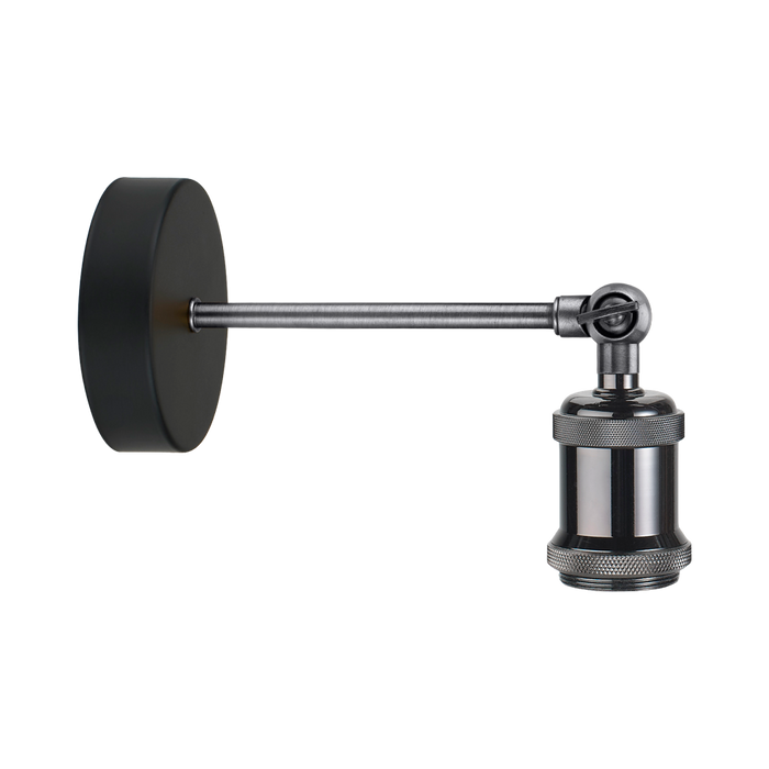 A modern wall-mounted microscope with a matte black circular base, a long adjustable metal arm, and a textured knurled collar on the objective lens, shown against a solid white background.