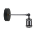 A modern wall-mounted microscope with a matte black circular base, a long adjustable metal arm, and a textured knurled collar on the objective lens, shown against a solid white background.