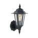 A classic black outdoor wall sconce with a clear glass lantern shade and a visible warm-toned Edison bulb, shown against a solid white background.