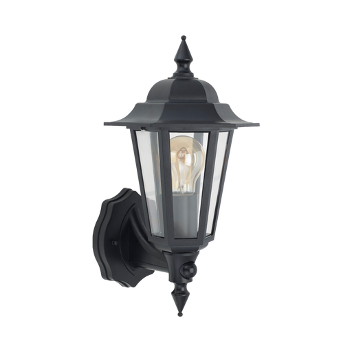 A classic black outdoor wall sconce with a clear glass lantern shade and a visible warm-toned Edison bulb, shown against a plain white background.