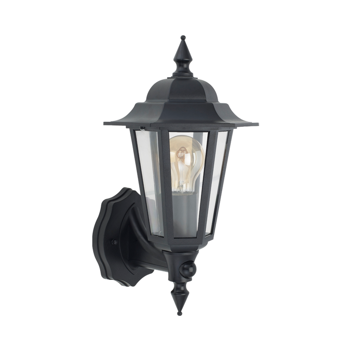 A classic black outdoor wall sconce with a clear glass lantern shade and a visible warm-toned Edison bulb, shown against a plain white background.