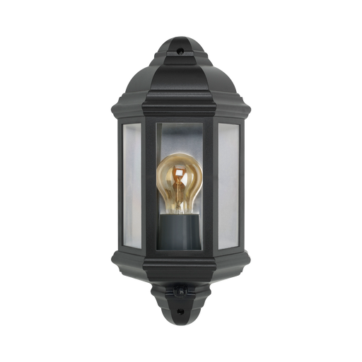 A black outdoor wall lantern light fixture with a clear glass front and a visible warm-toned Edison bulb inside, shown against a plain white background.