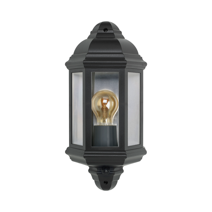 A black outdoor wall lantern light fixture with a clear glass front and a visible warm-toned Edison bulb inside, shown against a plain white background.