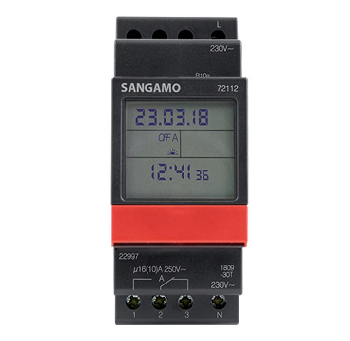 SANGAMO 72112 digital timer relay module with a black plastic housing, a red accent band, and a backlit LCD display showing time and settings.