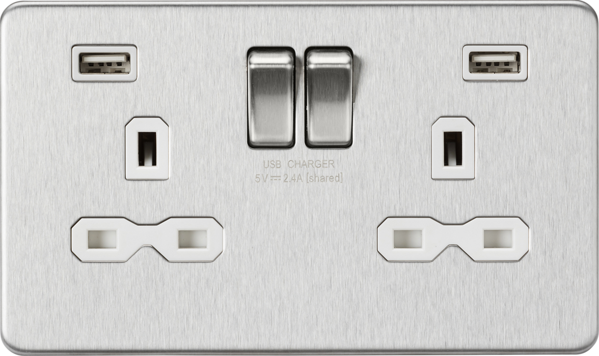 Knightsbridge 2G 13A Switched Socket With Dual USB Charger, Brushed Chrome SFR9224BCW