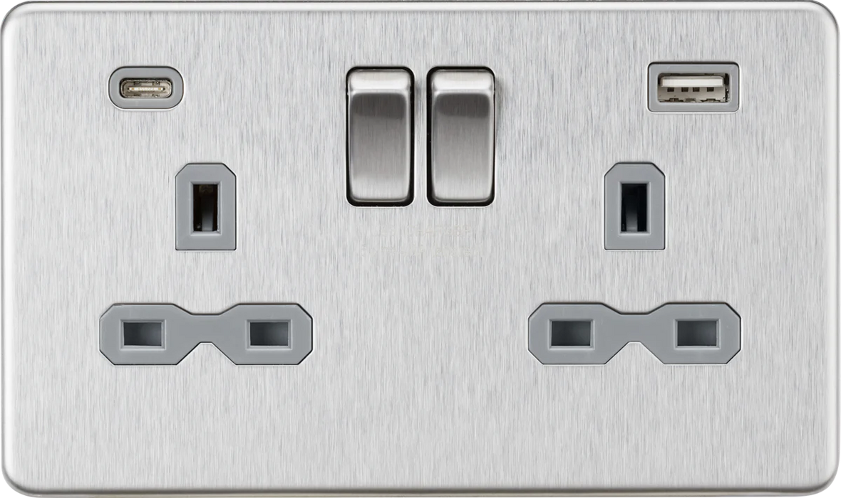 Knightsbridge 2G 13A Switched Socket with Dual USB Charger, Brushed Chrome SFR9224BCG