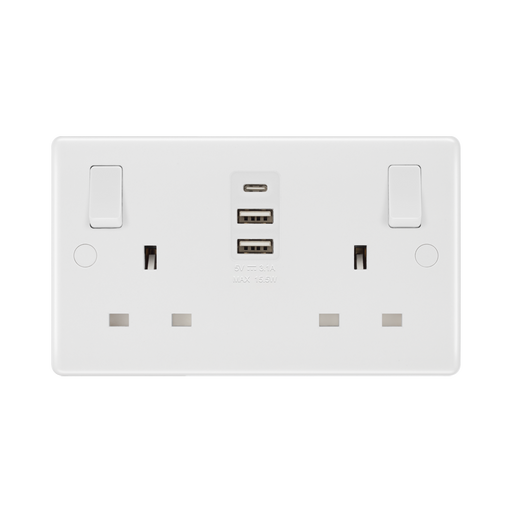 BG White Moulded 13A Double USB Socket with 15W A+C Ports 822UAAC15 available from RS Electrical Supplies