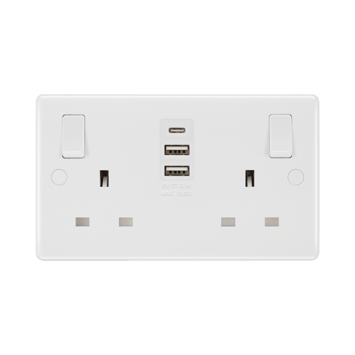 BG White Moulded 13A Double USB Socket with 15W A+C Ports 822UAAC15 available from RS Electrical Supplies