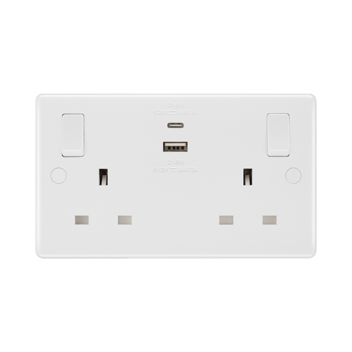 BG White Moulded 13A Double USB Socket with 22W A+C Ports 822UAC22 available from RS Electrical Supplies