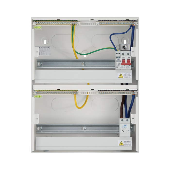 Electrical panel with wiring and components on a white background