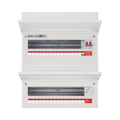 Electrical panel with multiple breaker slots on a white background