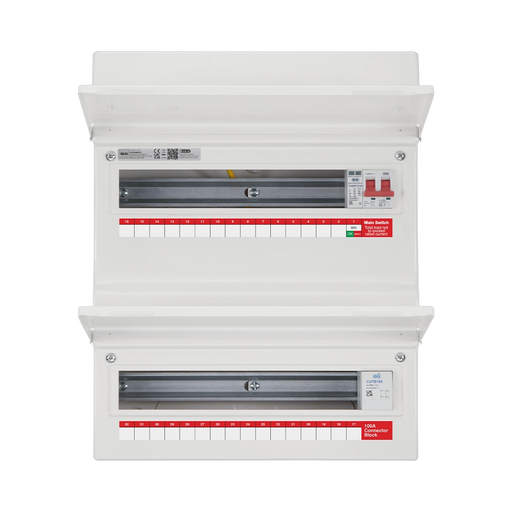 Electrical panel with multiple breaker slots on a white background