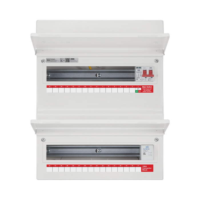 Electrical panel with multiple breaker slots on a white background