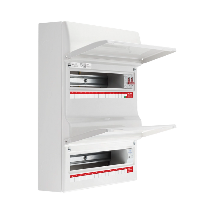 White electrical panel with red labels on a white background