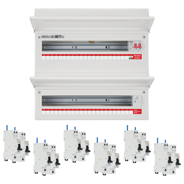 Electrical panel with multiple circuit breakers on a white background
