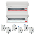 Electrical panel with multiple circuit breakers on a white background