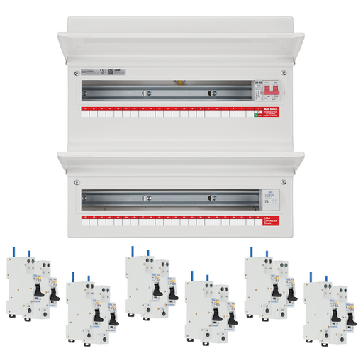 Electrical panel with multiple circuit breakers on a white background