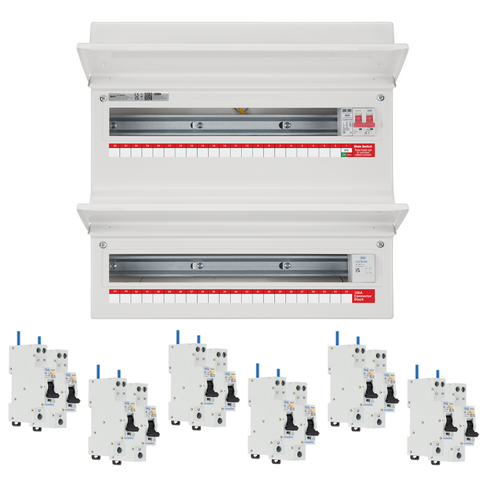 Electrical panel with multiple circuit breakers on a white background