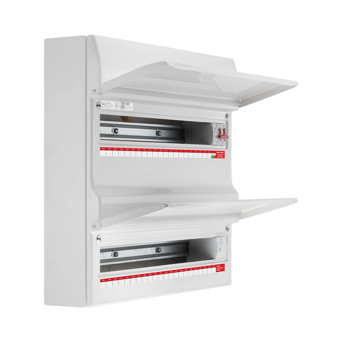 White electrical panel box with open doors on a white background