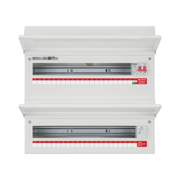 Electrical panel with multiple breaker slots on a white background