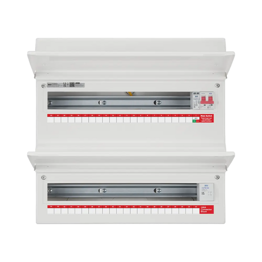 Electrical panel with multiple breaker slots on a white background
