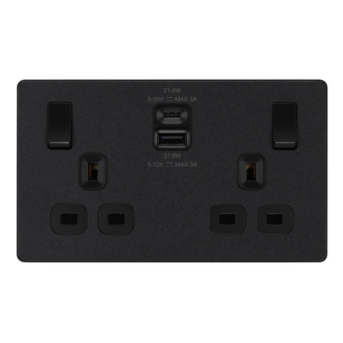 BG Evolve Matt Black 13A Double USB Socket with 22W A+C Ports PCDMB22UAC22B