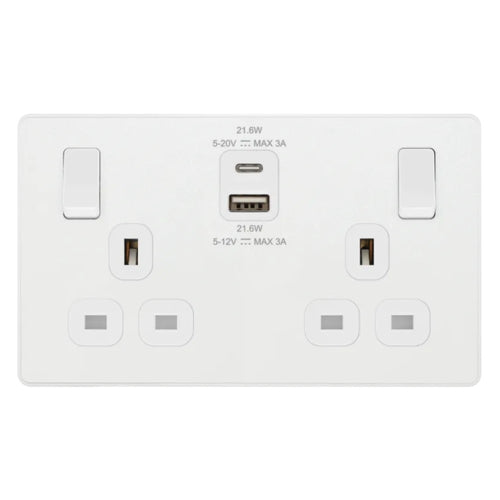 BG Evolve Pearl White 13A Double USB Socket with 22W A+C Ports PCDCL22UAC22W