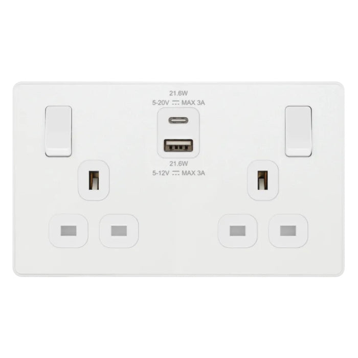 BG Evolve Pearl White 13A Double USB Socket with 22W A+C Ports PCDCL22UAC22W